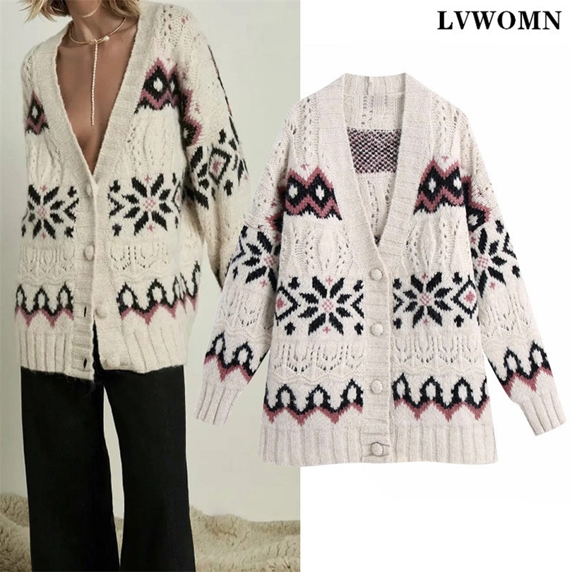 

LVWOMN Za Women Cardigan 2021 Vintage Jacquard Knitted Cardigan Sweater Oversize Long Sleeve Casual Female Outerwear Chic Tops 210204, White