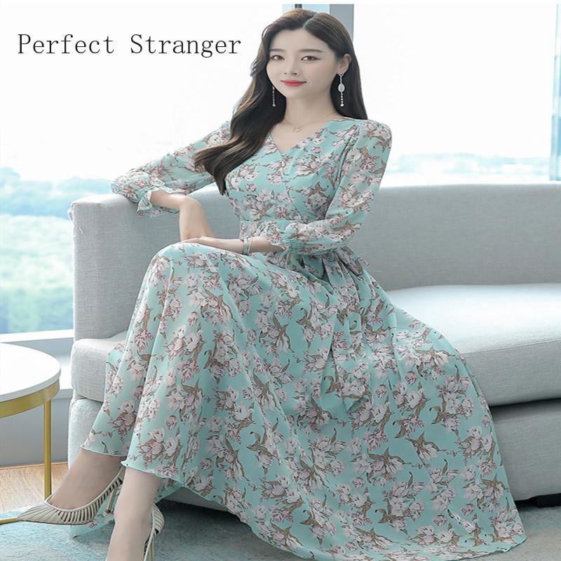 

Casual Dresses 2022 Autumn Winter Arrival Korean V Collar Long Sleeve Flower Print Chiffon Women Dress, Black;gray