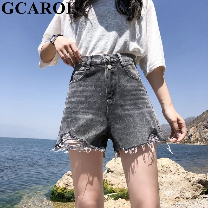

GCAROL Women High Waist 2 Buttons Denim Shorts Wide Leg Ripped Burr Sexy Mini Jeans Shorts Summer Casual Loose Basic Shorts Plus Y200822, Black