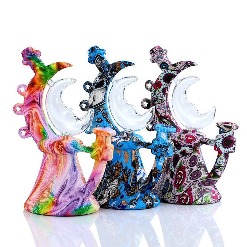 

Moon Dab Rig Glass Water Pipe Hookah Bong Printing Silicone Smoking Pipes For Dry Herb Tobacco Thick Bubbler MOQ 1 Piece