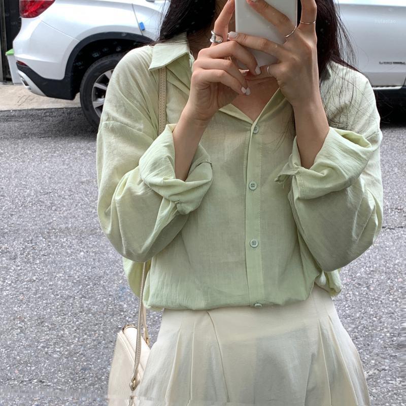 

Women's Blouses & Shirts HziriP Green Minimalist Korean Chic All Match Tops Solid 2022 Brief Women Elegance High Street Loose Stylish, Photo color