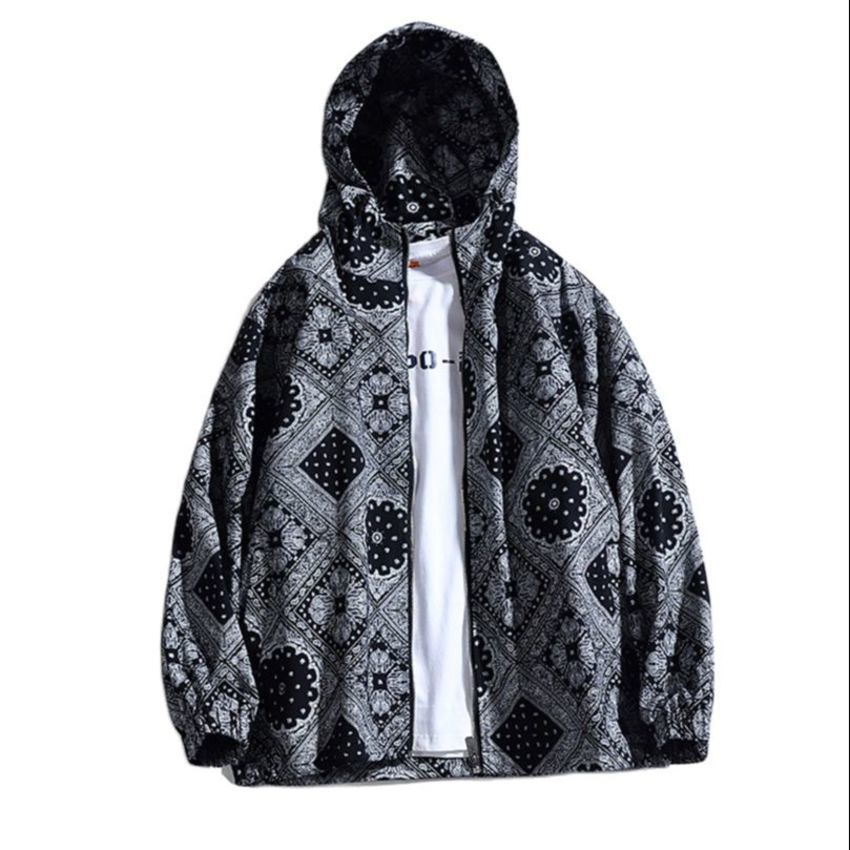 

Spring Men's Hooded Jacket Bandana Floral Print Long Sleeve Streetwear Japan Trendy Oversize Windbreaker Casual Couple Coat, Black