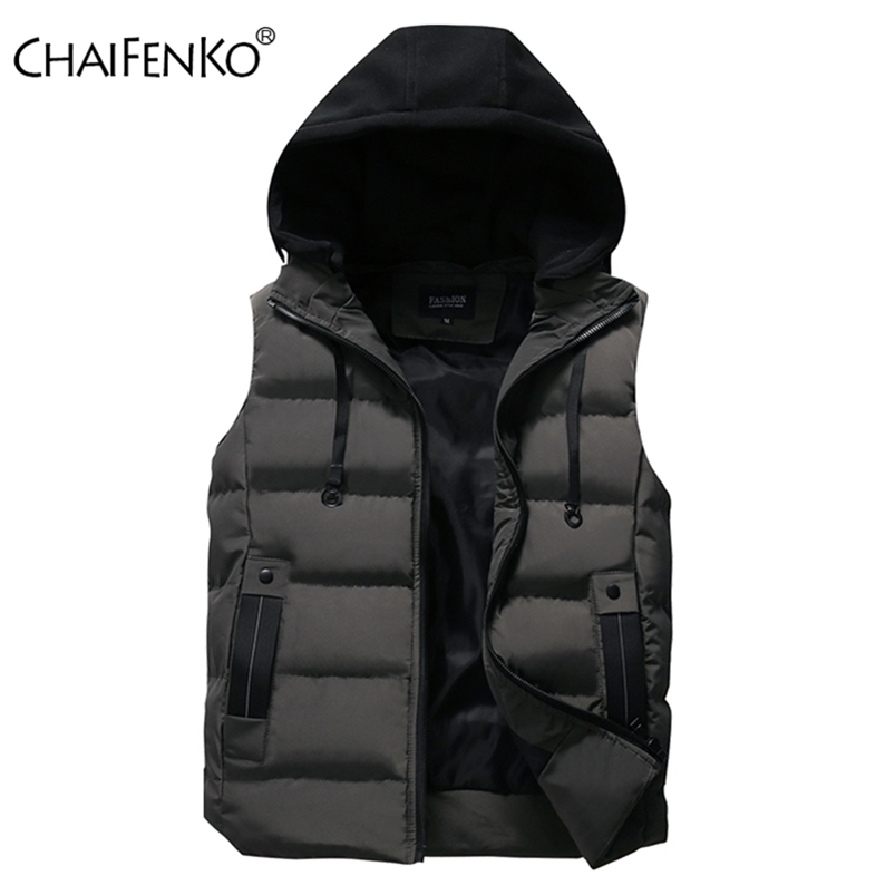 

CHAIFENKO Men  Vest Jacket Winter Waterproof Warm Sleeveless Fashion Hooded Casual Autumn Thicken Waistcoat 220727, Army green