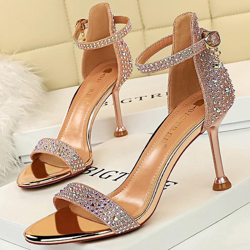 

Sandals BIGTREE Woman Rhinestone Sexy High Heels Strappy Sliver Gold Wedding Shoes Luxury Stiletto Ladies Open Toe Pumps