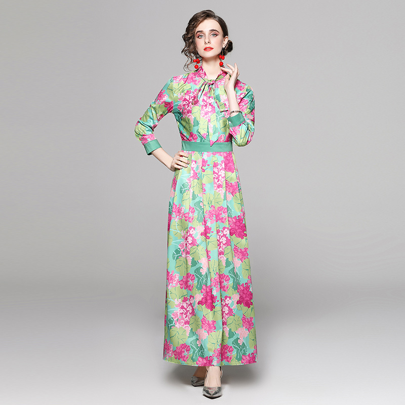 

Luxury Designer Print Party Long Dress Woman 2022 Lantern Sleeve Lapel Runway Classic Cute Slim Button Shirt Dresses Office Lady Elegant Bow Lace Up Party Maxi Frock