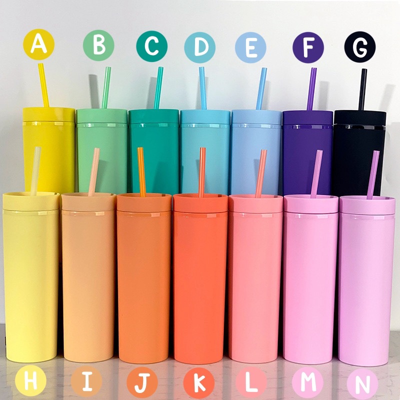 

USA Local warehouse 16oz Acrylic Skinny Tumbler with lid colored straw Double Wall Beverage water bottle Soft matte Plastic Cup 30pcs/case 15 colors mixed BPA free, As pic