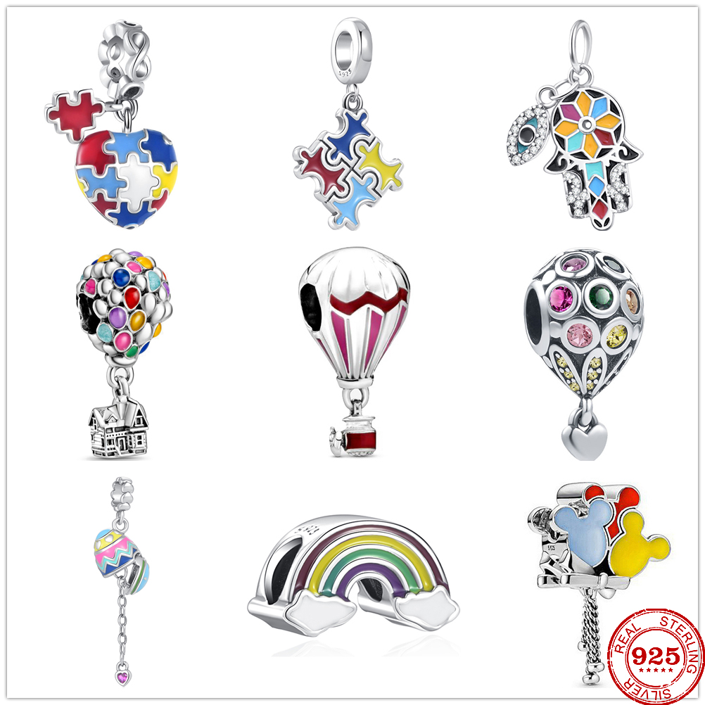925 Sterling Silver Dangle Charm Jigsaw balloon Rainbow Beads Bead Fit Charms Bracelet DIY Jewelry Accessories