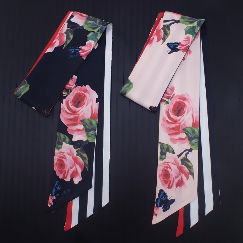 

Scarves 7cm 2022 Design Skinny Women Tie Rose Flower Print Silk Scarf Fashion Belt Brand Handbag Small Long ScarvesScarves