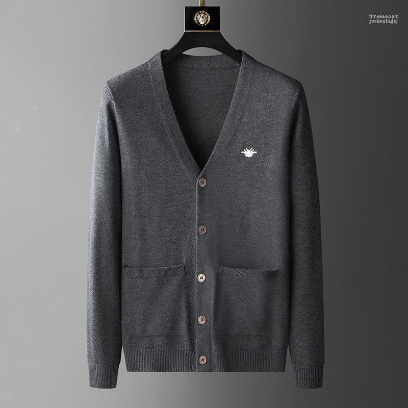 

Men's Sweaters Minglu Autumn Wool Male Luxury Bee Embroidery Knitted Casual Fashion Slim Fit Two Pockets Man Time22, Black 2