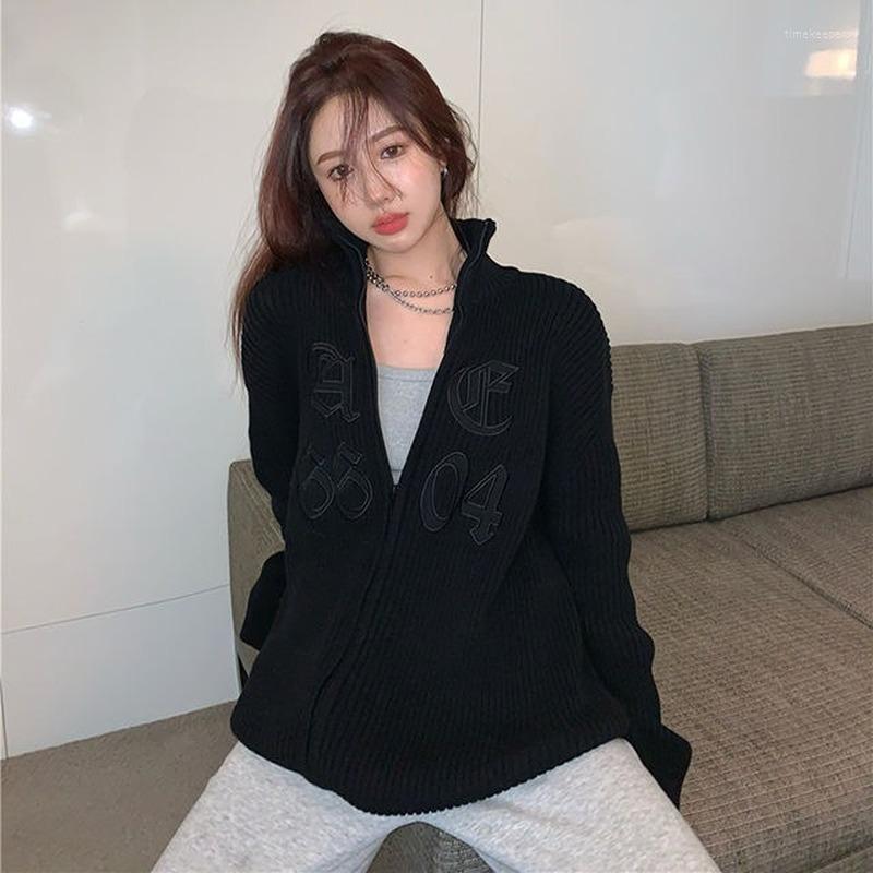 

Women's Knits & Tees Letter Embroidery Sweater Women Zip-up Long Sleeve Loose Cardigan Korean Chic Knitwear Outerwear Y2k Tops FashionWomen', Black