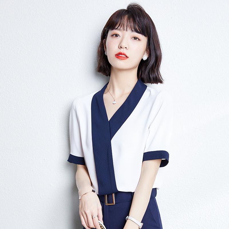 

Women' Blouses & Shirts V-Neck Short Sleeve White Color Summer For Women 2022 Design Korean Fashion Office Lady Casual And WorkWomen