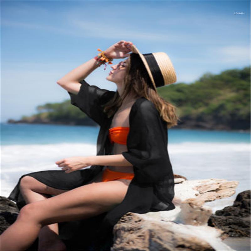 

Women's Blouses & Shirts 2022 Summer Women Sexy Chiffon Long Shirt Brand O-Neck Sleeve Loose Casual Beach Blouse Vestido, As the picture shows