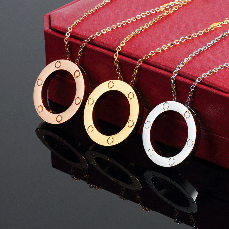 Collier pendentif grand cercle CZ de conception classique, colliers en acier inoxydable plaqué or Rose 18 carats