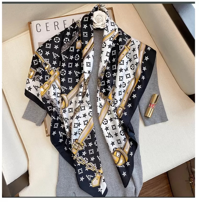 

2Style Luxury Brand Classic Simple Letter Flower Design Satin Luxury Square Scarf Outdoor Shawl Silk Turban Beach Wrap Fashion Women Scarves 90x90cm