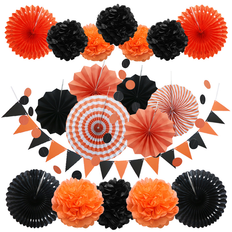 

Party Decoration Halloween set 20pcs/set Black and Gold Hanging Paper Fans Paper pompom Triangle Bunting Flags for Happy Birthday Wedding Fiesta