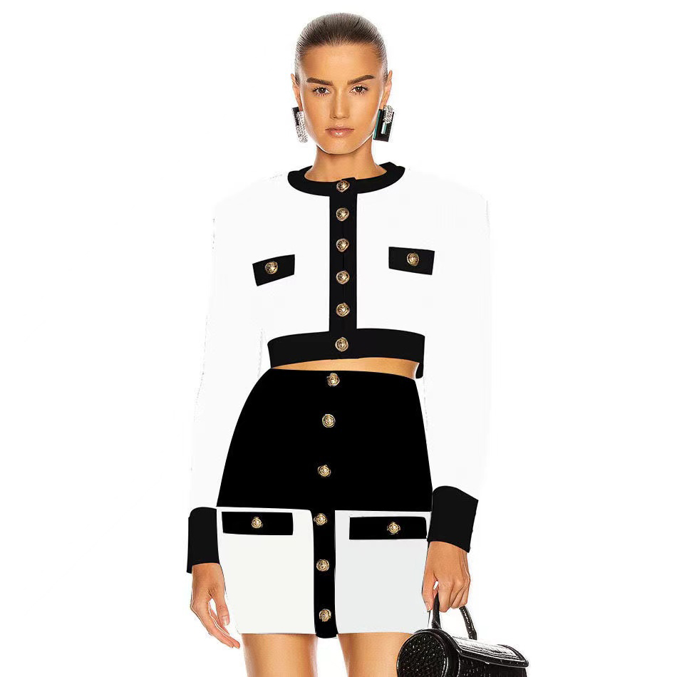 

2022 new women's clothing Two Piece Dress star temperament metal buckle two-color splicing short knit cardigan buttock wrap skirt bandage skirt set, Customize