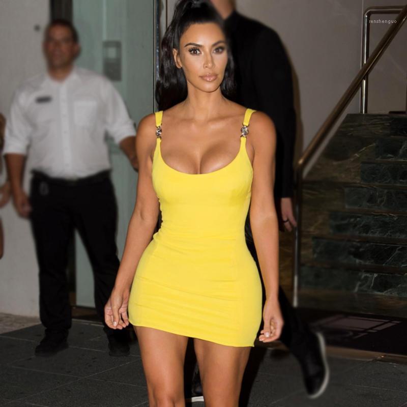 

Casual Dresses 2022 Latest Sexy Tight Dress Gold Kardashian Yellow Collar Sling Strapless Water Metal Ring Mini Bandage