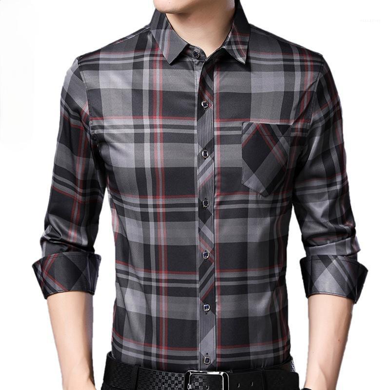 

Men' Casual Shirts 2022 Brand Pocket Plaid Long Sleeve Slim Fit Men Shirt Streetwear Social Dress Autumn Mens Fashions Jersey, Gray