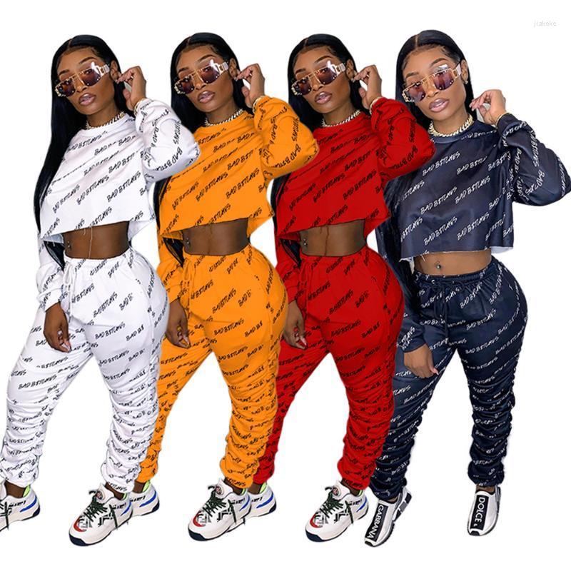 

Women' Two Piece Pants Zaggin 2022 Autumn Fashion Women Pleated Letter Print 4-colors 2-piece Suit Casual O-neck Full Sleeve Top Long Pant, White