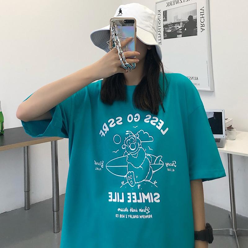 

Women's T-Shirt Summer Cartoon Letter Printing Short-sleeved Women Loose Wild Round Neck LooseWomen's, Blue