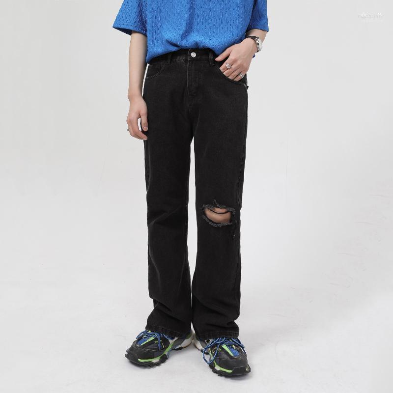 

Men' Jeans Four Seasons Korean Version Loose Hole Micro-Flare Design Men' Wide Leg Pants Streetwear Ins Men ClothingMen' Heat22, Black