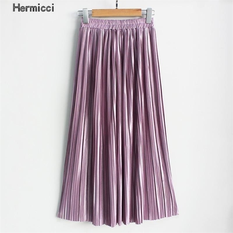 

Hermicci Fashion Skirts Summer Pleated Long Skirt Metallic Midi Skirts Faldas Largas Mujer Y200326, Gray