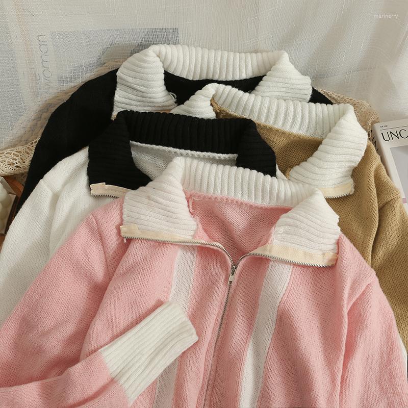 

Women's Knits & Tees Long Sleeve Knitted Sweater Women Korean Contrast Color Stitching Zipper Cardigan Lapel 2022 Loose TopsWomen's Mari22, Black
