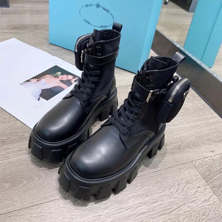 

Winter Designer Boots Monolith Platform Combat Boot Woman Martin Shoe Real Leather Detachable Nylon Pouch 6CM Thick Bottom Womens Booties Ankle Shoes Size 35-41, Patent black