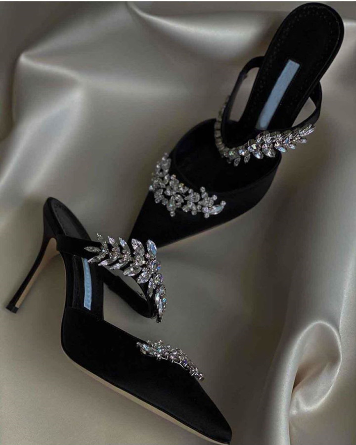 Wholesale Luxury Satin Sandals Shoes For Women Crystal Embellished Mules Party Dress Wedding Pointed Toe Pumps Lady Stiletto High Heels EU35-42