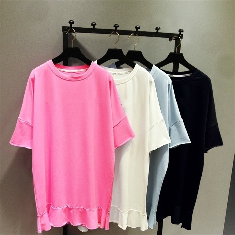 

Summer Batwing Short Sleeve Tshirts for Women Mediumlong Loose O Neck Pullovers Top Embroidery Students Tshirts Dresses Y200109, Pink