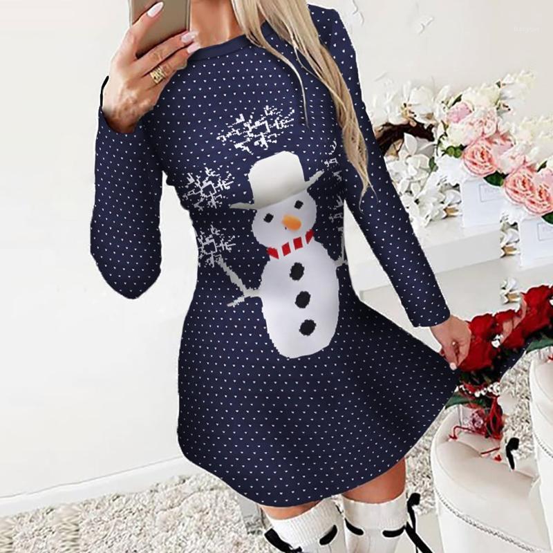 

Casual Dresses Christmas 2022 Snowman Dot Printed Women Dress Spring Autumn Long Sleeve O Neck Mini Fashion Elegant Ladies Party, Blue