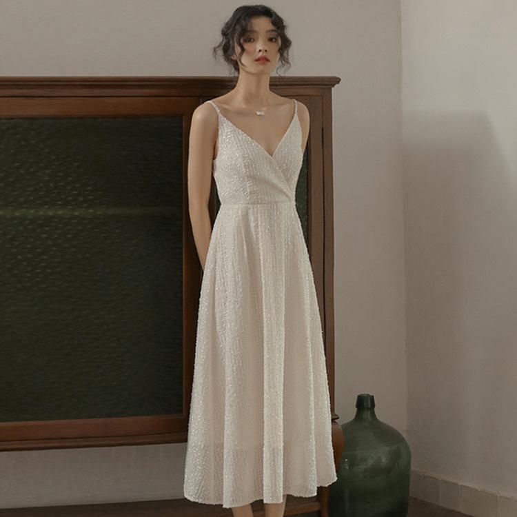 

Casual Dresses Summer Shiny Suspender Dress Temperament Women' V-Neck Chiffon White Long DressCasual