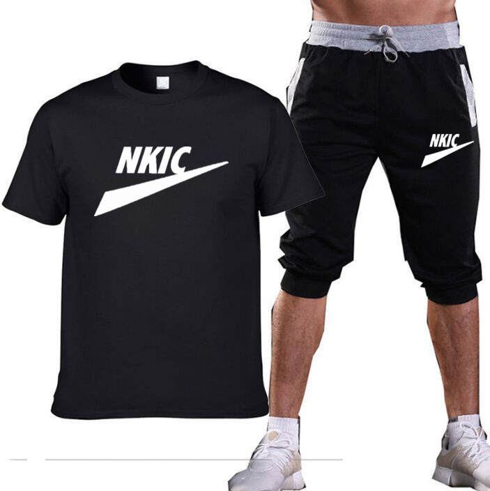 

Men's Brand LOGO Tracksuit 2 Piece Set Summer Sport Cotton Suit Short Sleeve T Shirt and Shorts Casual Fashion Man Clothing, Black
