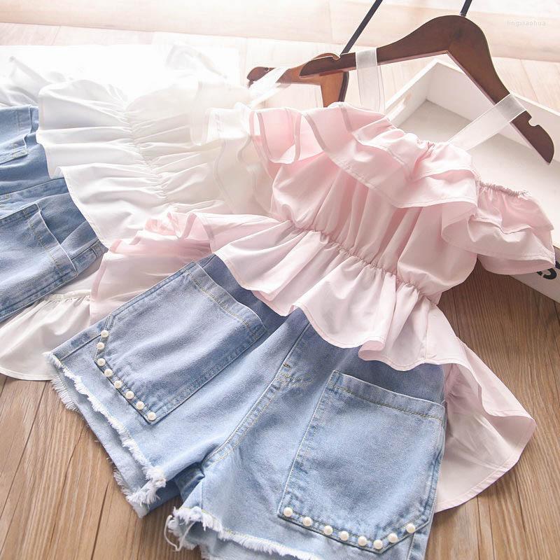 

Clothing Sets Summer Baby Girls Clothes Suit Sweet Sling Dovetail Dress Top Denim Shorts European American Style Children's SetClothing, As the picture