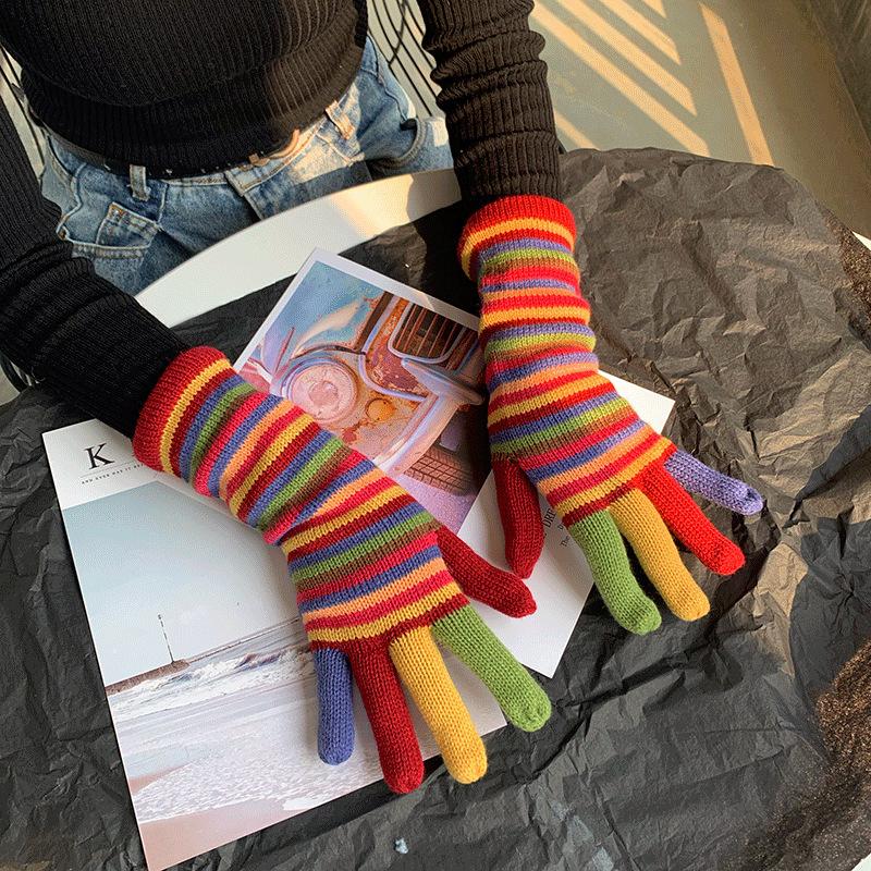 

Five Fingers Gloves 2022 Personality Rainbow Cute Five-Finger Wool Women Winter Cycling Knitted Student Girls Warmer