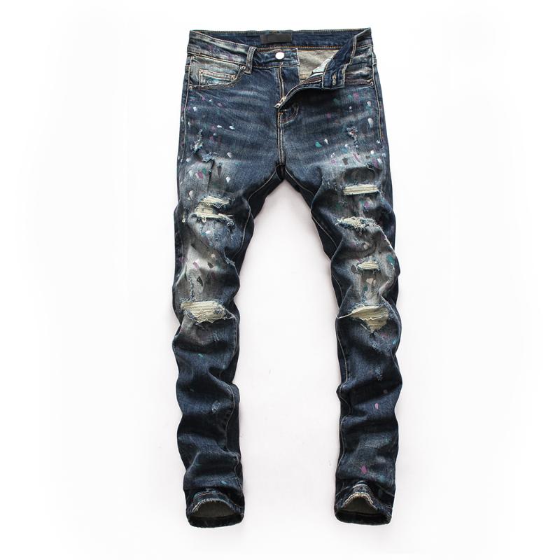Hommes Jeans Style Européen Hommes Stretch Hommes Droite Denim Pantalon Mince Peinture Impression Bleu Trou Fermeture Éclair Pour 8132