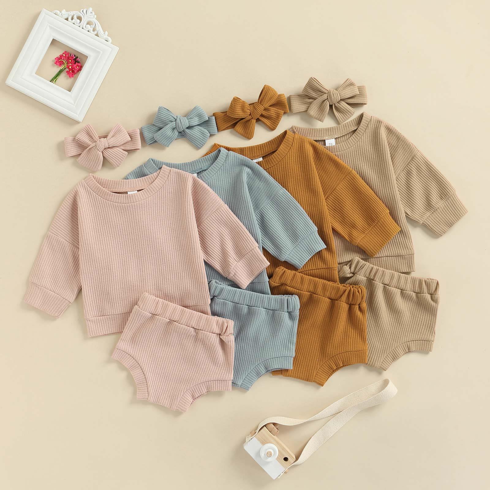 

Baby Girl 3 Pcs Clothes Sets Solid Color Long Sleeve Round Neck Tops Elastic Waist Shorts Headband