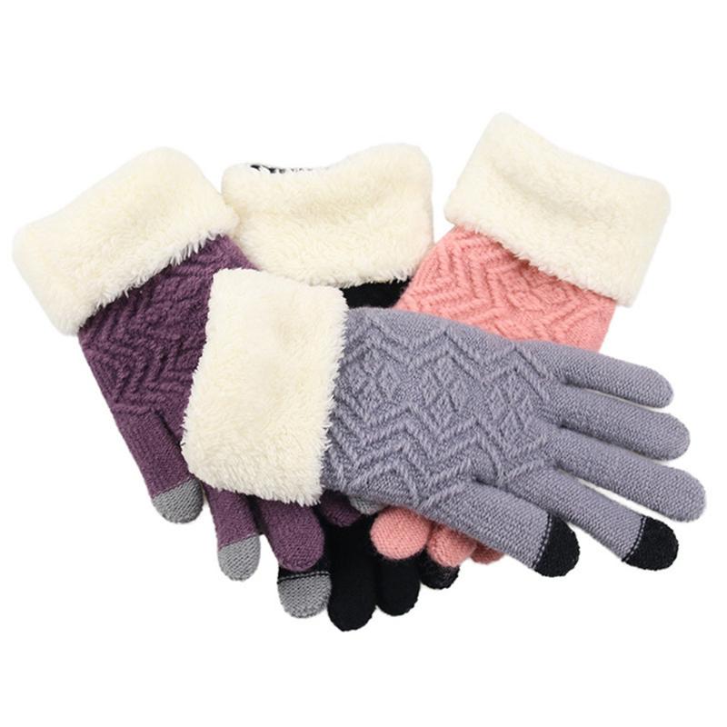 

Five Fingers Gloves Winter Women Knitted Touch Screen Female Thicken Warm Full Finger Soft Stretch Knit MittensFive