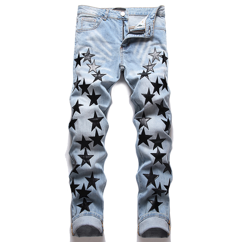 

Slim Fit Stretch Men's Jeans Punk Retro Blue Embroidered Pentagram Pants Spring Autumn Fashion Casual Hip Hop Denim Trousers, 3321