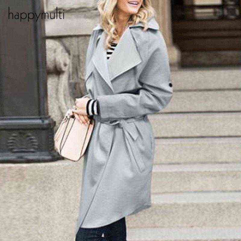 

Women's Trench Coats Coat Happymulti Casual Slim Solid Color Loose Belt Turn-down Collar Autumn Winter Plus Size M-3XL Female Outwear T220811, Black