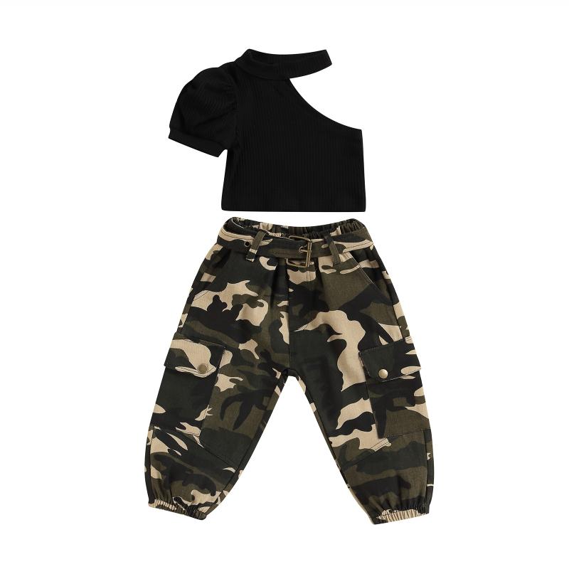 

Clothing Sets Kid Baby Girl Long Pants Outfits Solid Color Oblique Shoulder Single Short Sleeve Tops Camouflage With Belt Set 2-7YClothing, As pic
