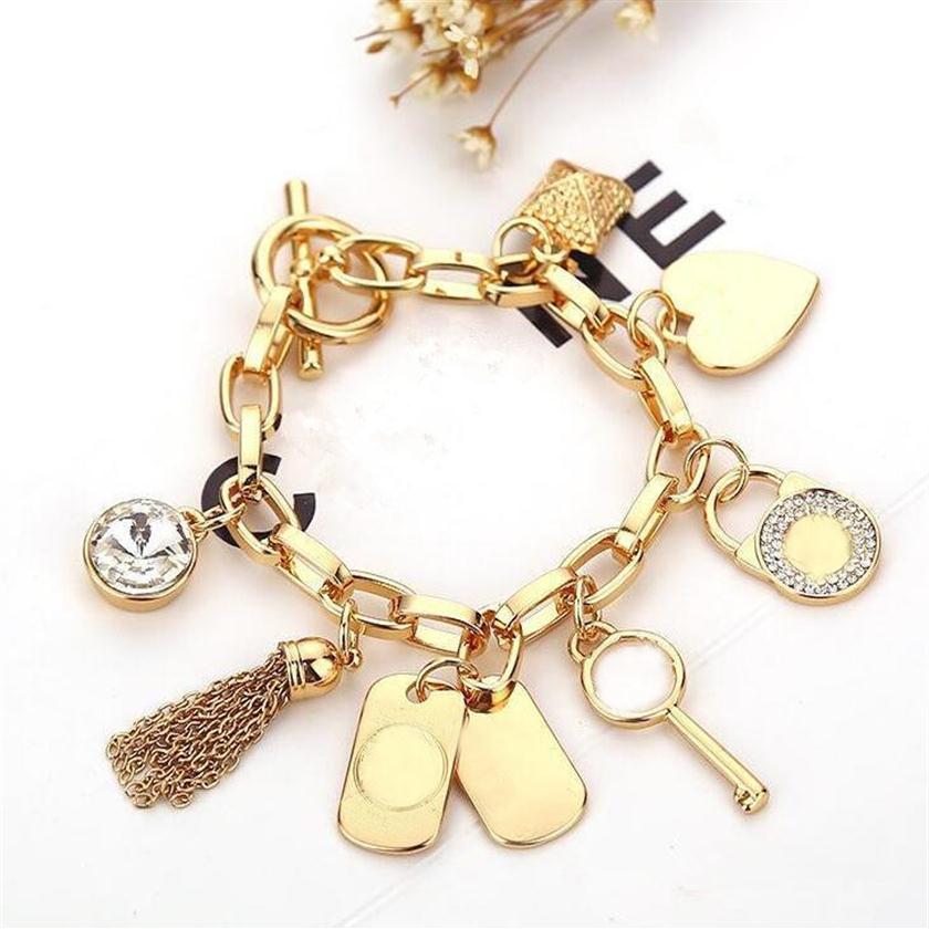 

New Top Quality Alloy Key Bracelets with Love Heart Gem Silver or Gold Plated Pendants Charm Bracelets Bangle Jewelry for Women Gi320w