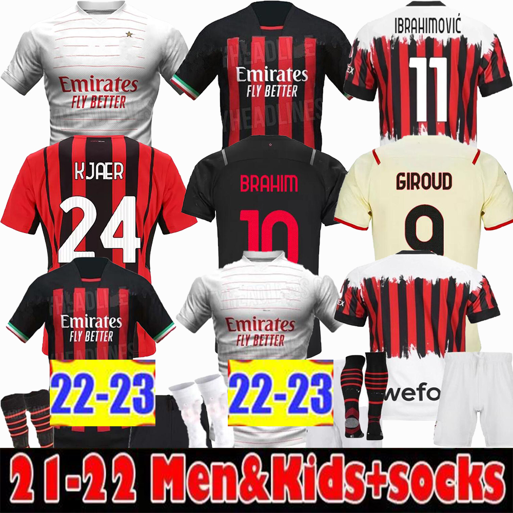 

21 22 23 IBRAHIMOVIC AC GIROUD soccer jersey 2021 2022 2023 BENNACER KESSIE ROMAGNOLI CALHANOGLU MILAN TONALI REBIC 4TH football shirt maillot men kids kit, 22-23 home