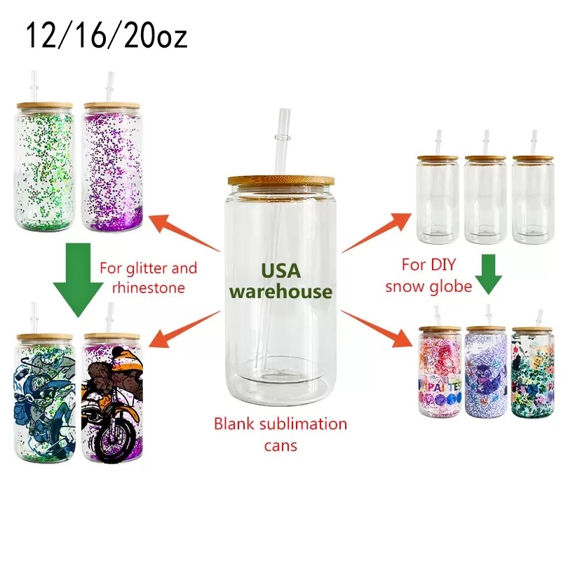 

US Warehouse 12oz 16oz Sublimation Glass Cup Blanks With Bamboo Lid Frosted Sublimation Beer Can Glass Double Wall Snow Globe Tumbler Mason Jar Mug With Plastic Straw