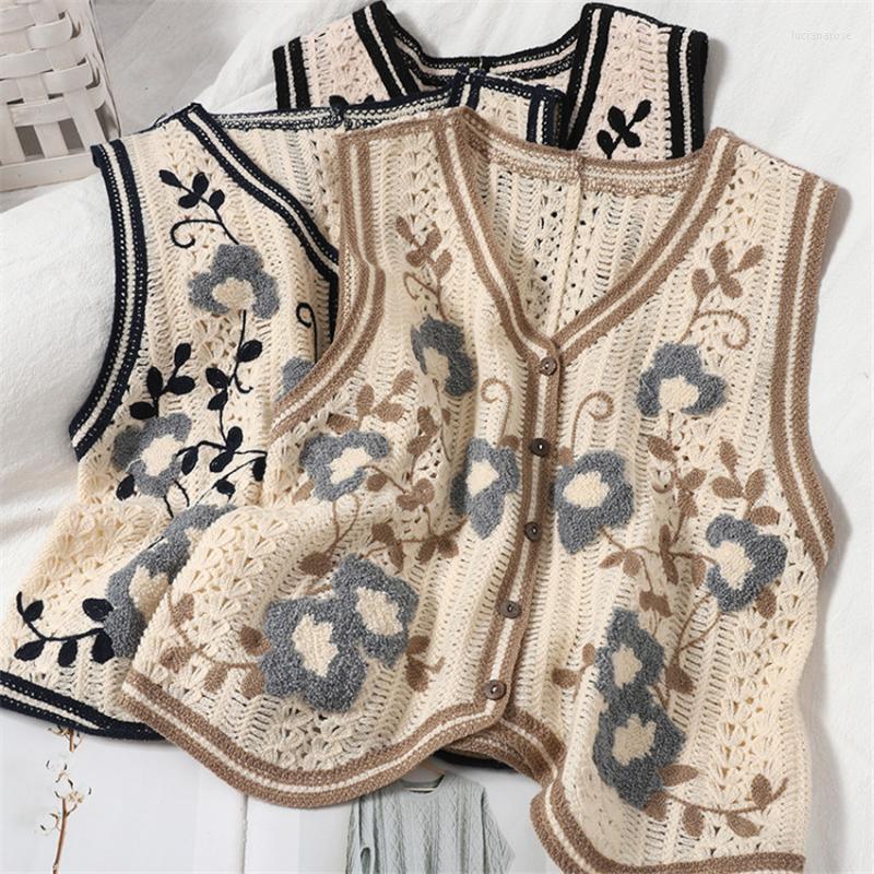 

Women's Vests Korean Chic Retro Vintage Vest Women V-Neck Floral Embroidery Short Female Sleeveless Waistcoat Boho Crochet Outwear Luci22, Black