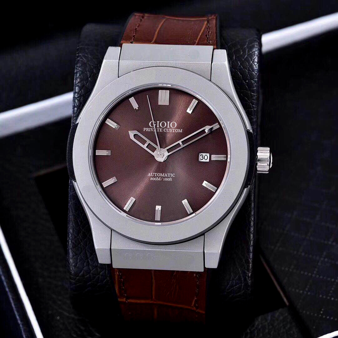 

0 0 Men Automatic Mechanical Watch Black Brown Leather Rose Gold Blue Watch0 0