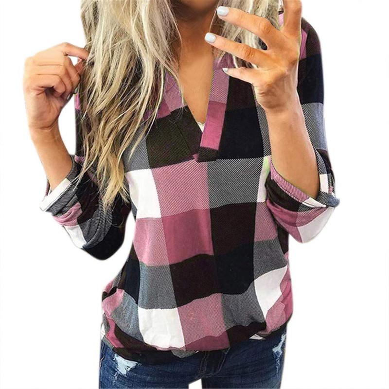 

Women's Blouses & Shirts Womail Women Casual Plaid Blouse Long Sleeve V Neck Sexy Shirt Womens Loose Fashion Jacket Top 2022 Autumn Winter, Pk