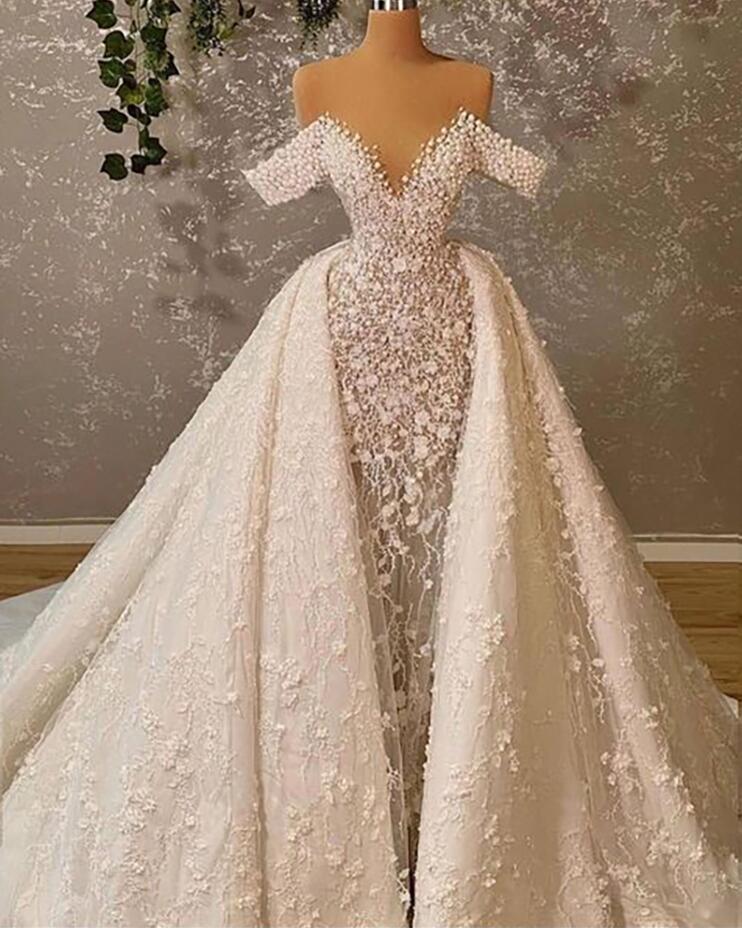 Charming Sexy Floral Appliques Lace Dubai Mermaid Wedding Dress Off The Shoulder Beading Pearls Saudi Arabic Bridal Gowns VOG343