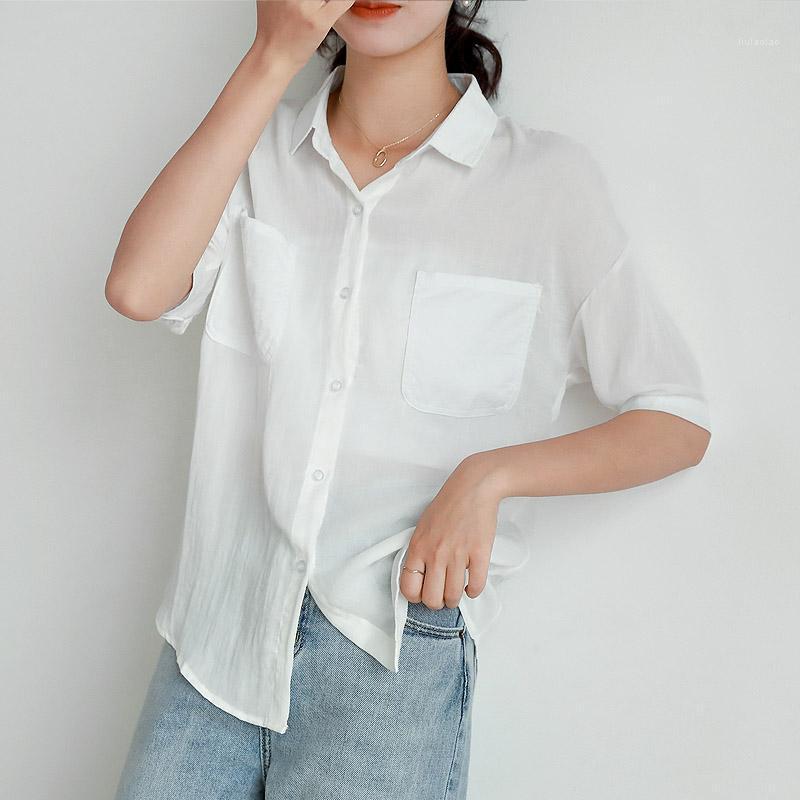 

Women' Blouses & Shirts COIGARSAM Casual Short Sleeve Shirt Womens Tops Summer Loose Turn-down Collar Women Pale Pinkish Grey White 8003