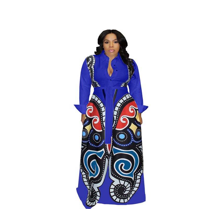 

Ethnic Clothing Spring Autumn Butterfly Printed Big Swing Dress Africa Long Sleeve Turn-down Collar Maxi Bohemian Plus SizeEthnic